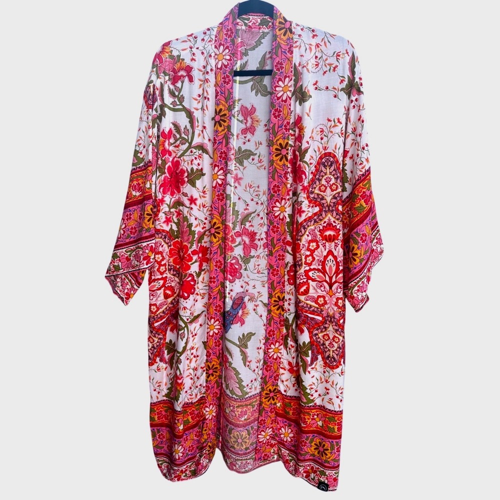 PS Pink Floral Peacock Print Rayon Kimono Cardigan Bohemian Wrap One Size
